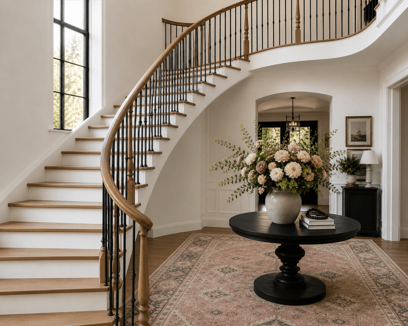 Curved staircase with a wood handrail, black iron balusters and wood treads on white risers in a bright entry hall