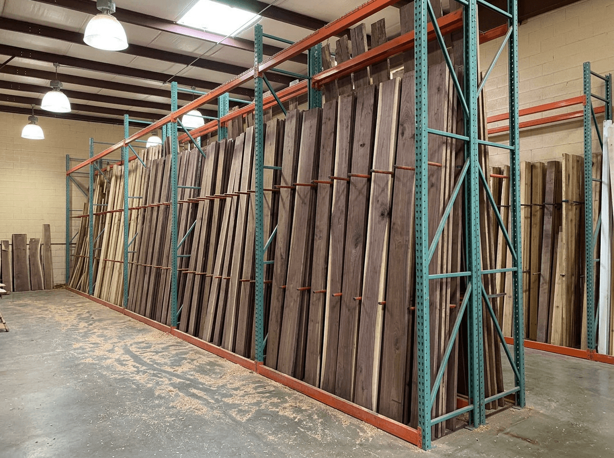 Walnut boards with dark brown faces and pale sapwood edges standing on end in tall warehouse racks