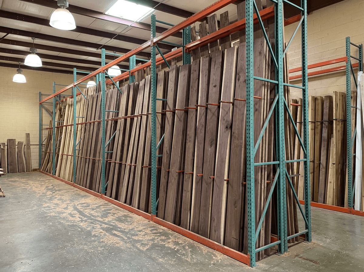 Walnut boards with dark brown faces and pale sapwood edges standing on end in tall warehouse racks