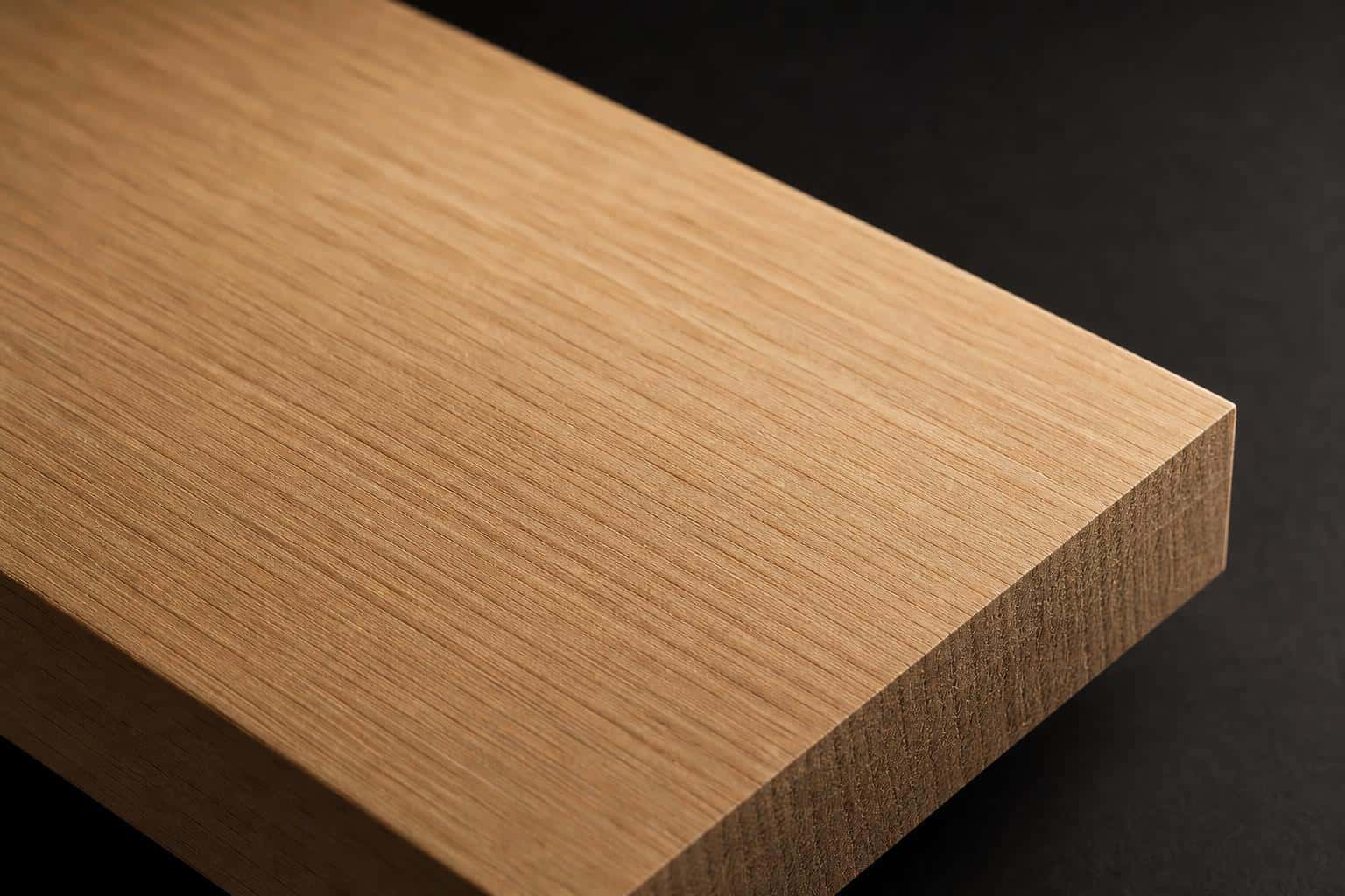 Rift sawn white oak board with tight, straight, parallel grain, close-up of the face and edge