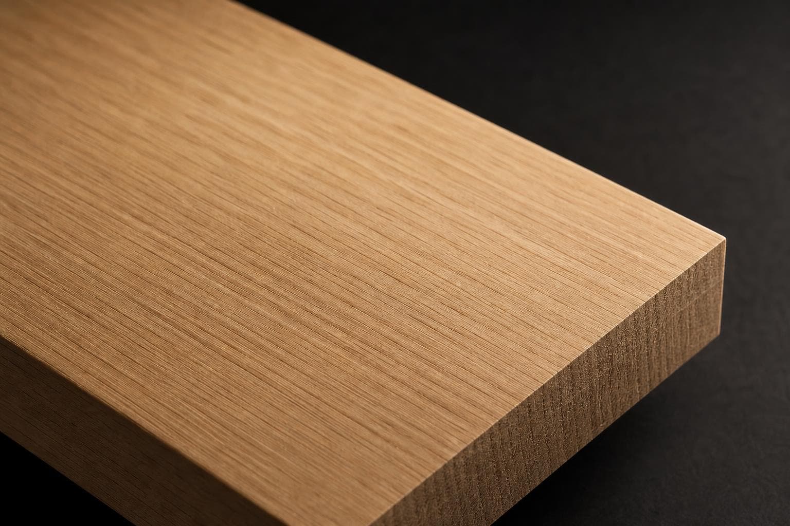 Rift sawn white oak board with tight, straight, parallel grain, close-up of the face and edge