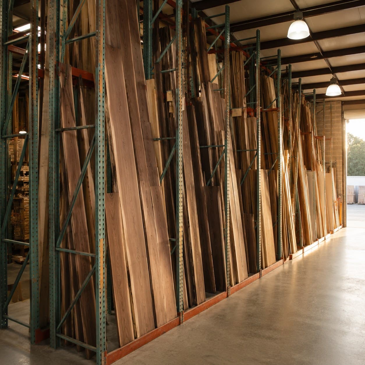 Dark walnut boards standing on end in a long row of warehouse racks, daylight at the far door