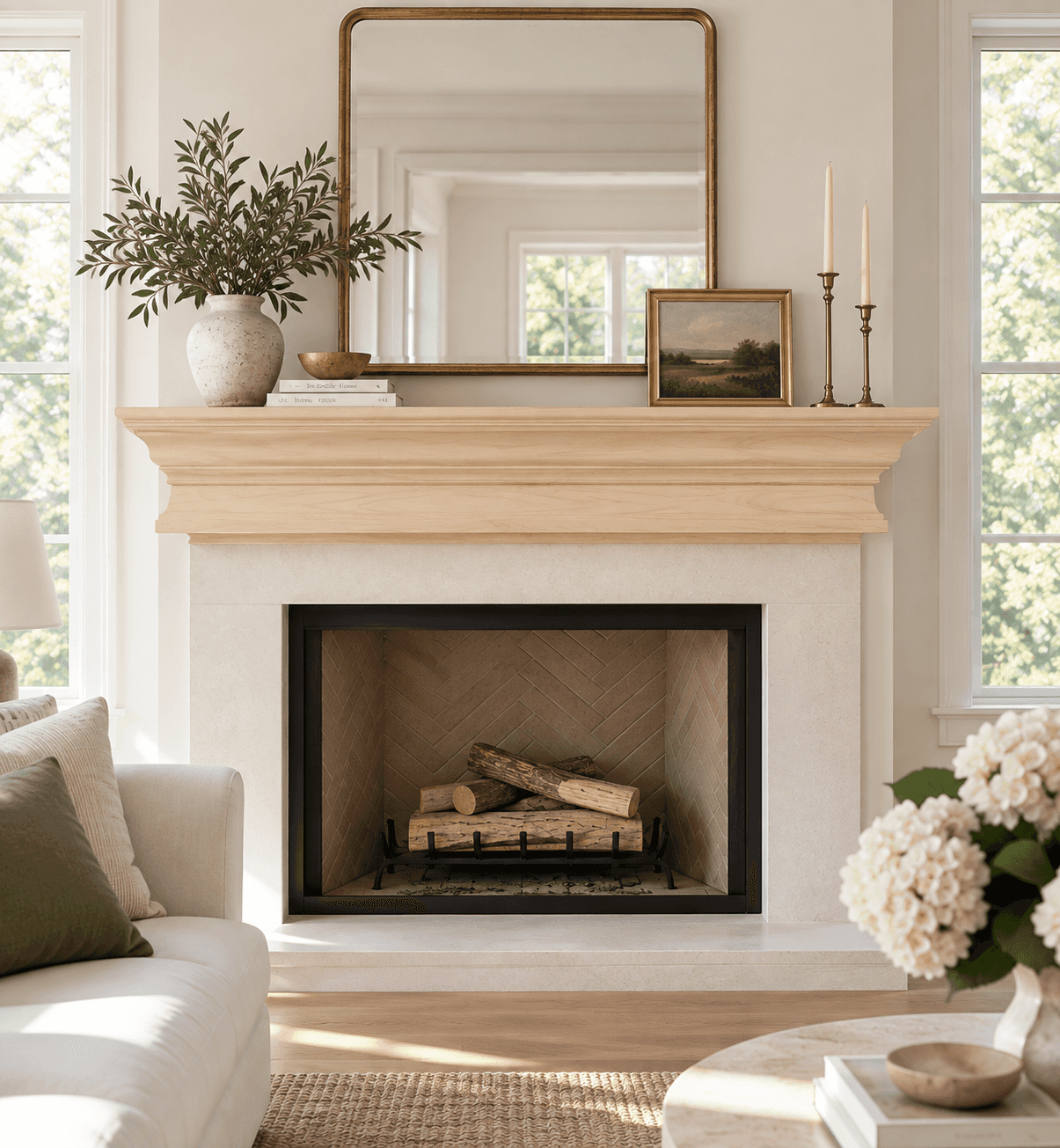 Light wood mantel shelf with a moulded, stepped profile above a white stone fireplace in a bright living room