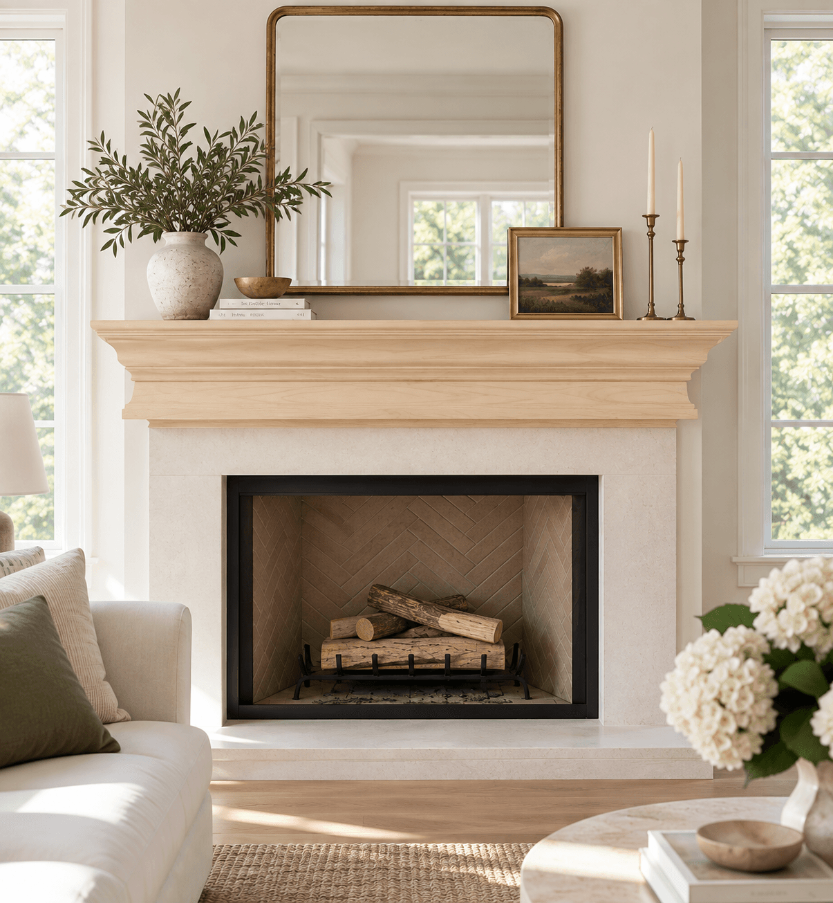 Light wood mantel shelf with a moulded, stepped profile above a white stone fireplace in a bright living room