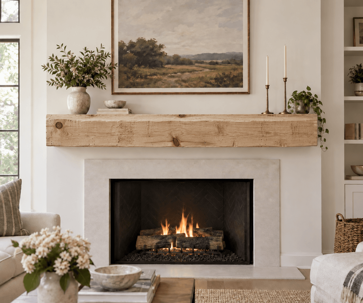 Rustic distressed pine mantel beam with knots and saw marks above a lit fireplace in a white living room
