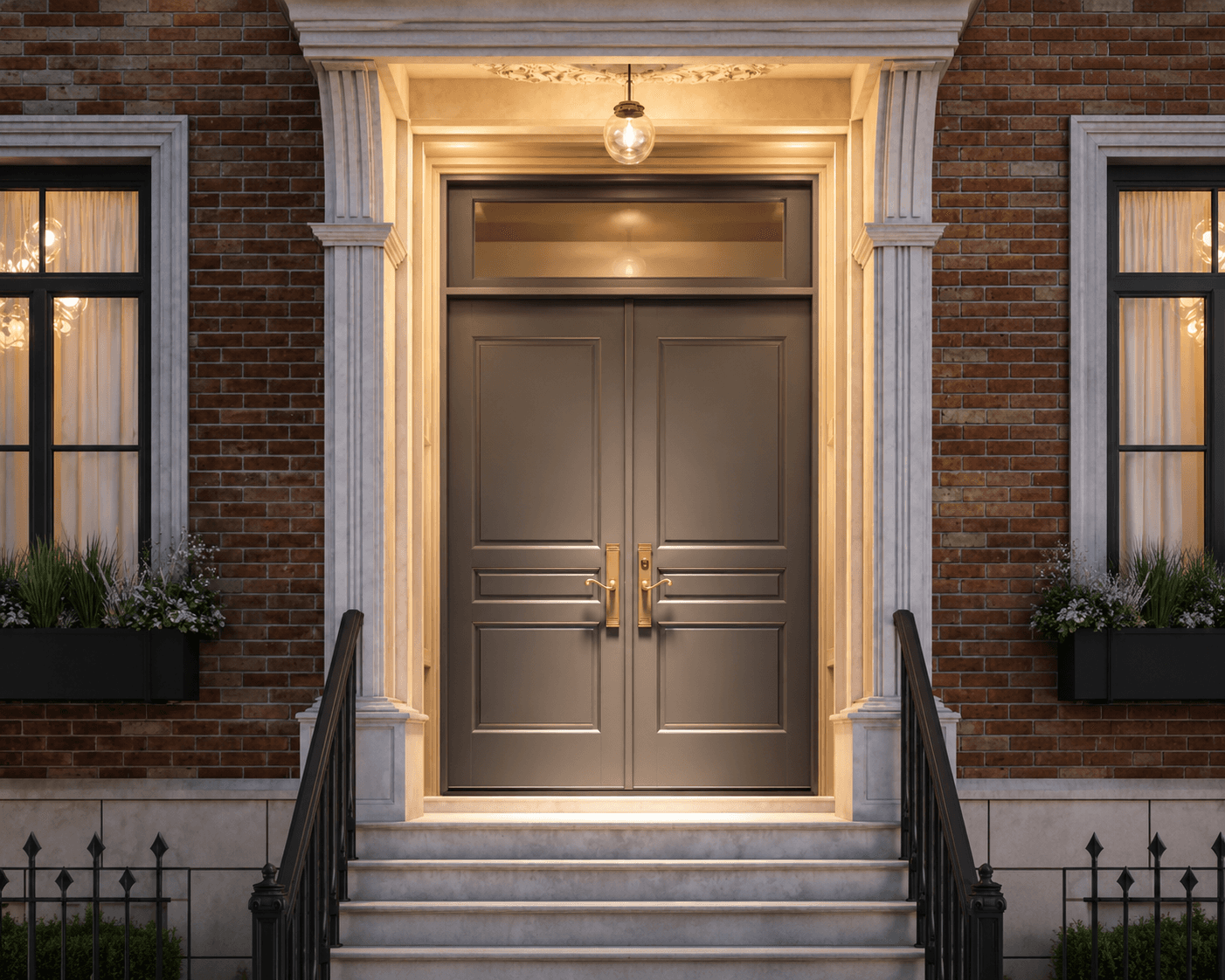 Grey painted double entry doors with raised panels, brass pulls and a transom, in a stone surround