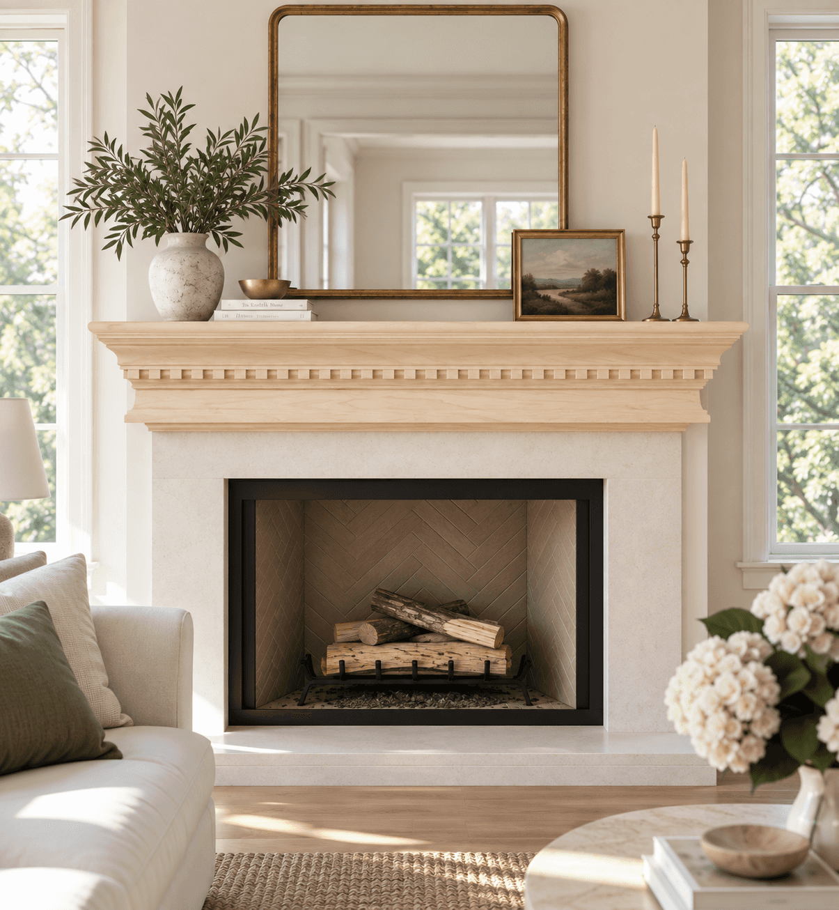 Light wood mantel with a dentil row under a moulded shelf, above a white stone fireplace