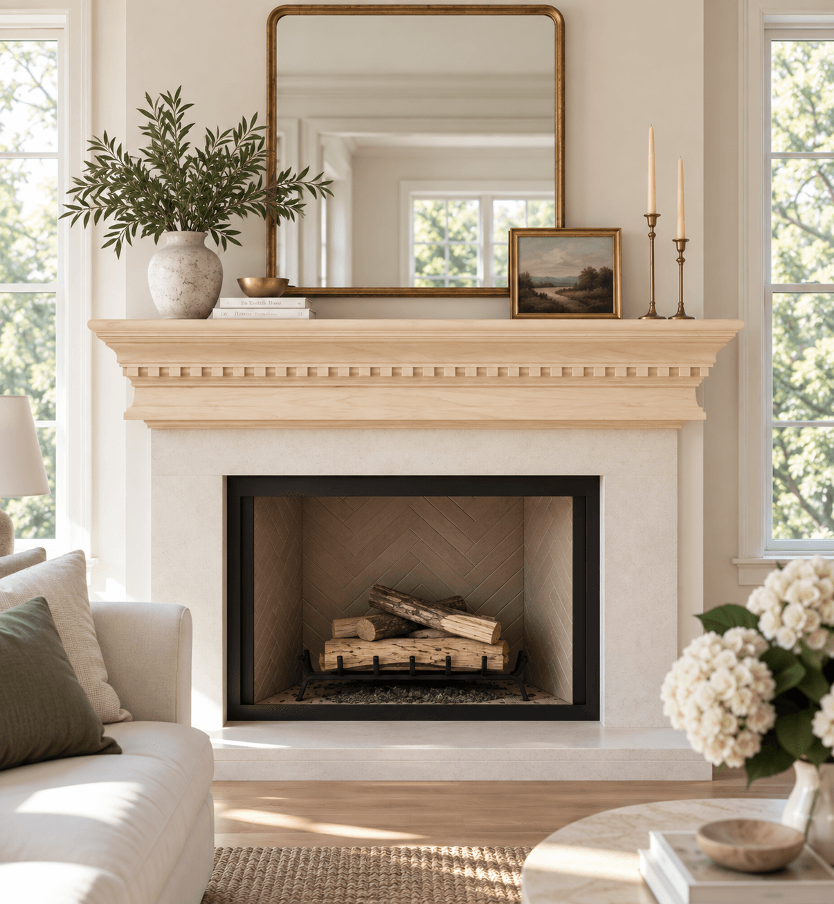 Light wood mantel with a dentil row under a moulded shelf, above a white stone fireplace