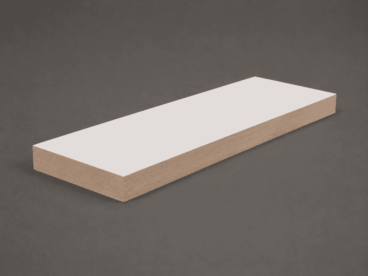 Primed white S4S board with square edges, cut end showing the bare wood