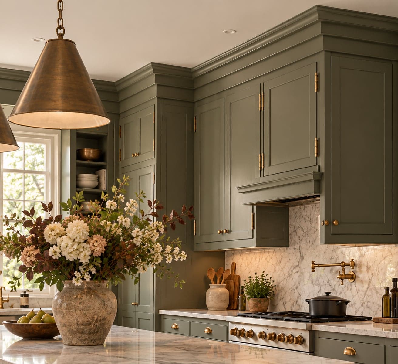 Sage green kitchen cabinets with stacked crown moulding running up to the ceiling, above a marble backsplash