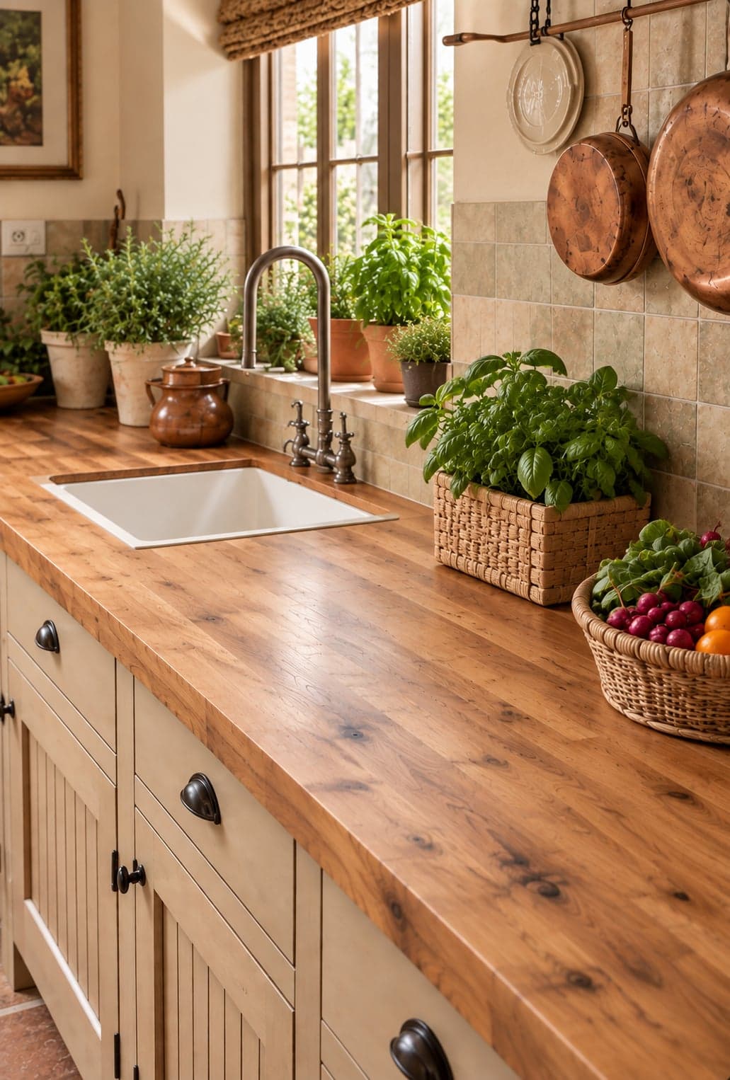 Wood butcher block countertop with a white sink set into a cutout, beside potted herbs