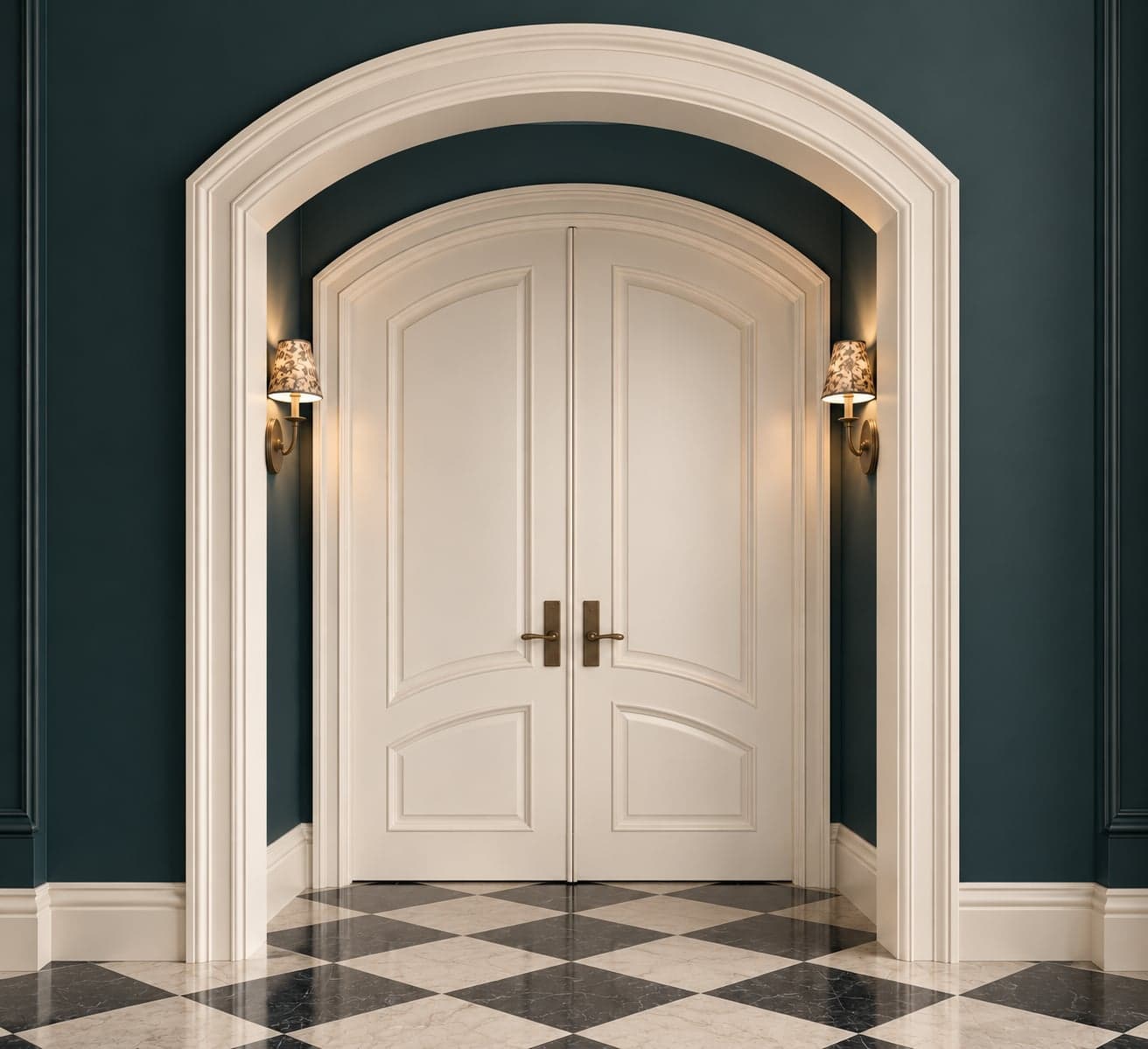 Arched white double doors framed by wide radius casing, with wall sconces on a dark teal wall
