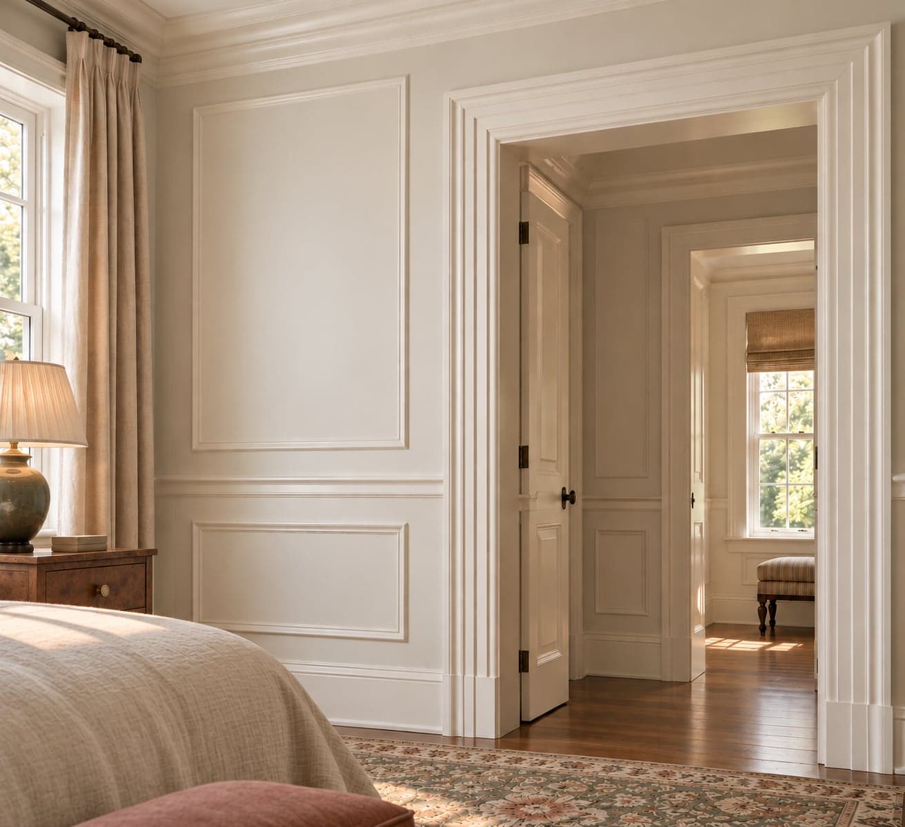 Bedroom with painted wall panel moulding, chair rail, crown and wide casing around an open doorway