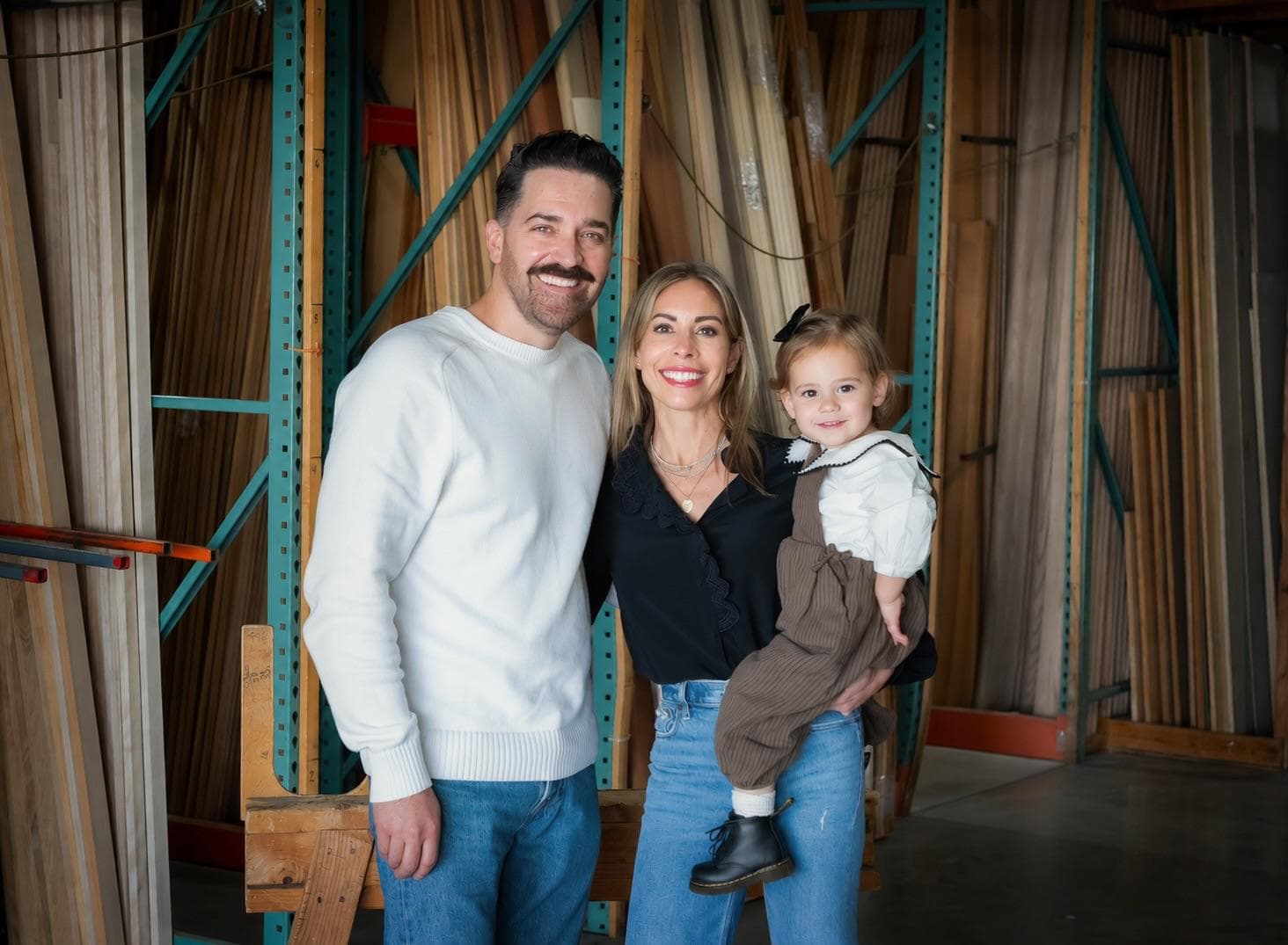Emma and Colby Clark with their daughter at the Saint Charles Hardwoods lumber yard