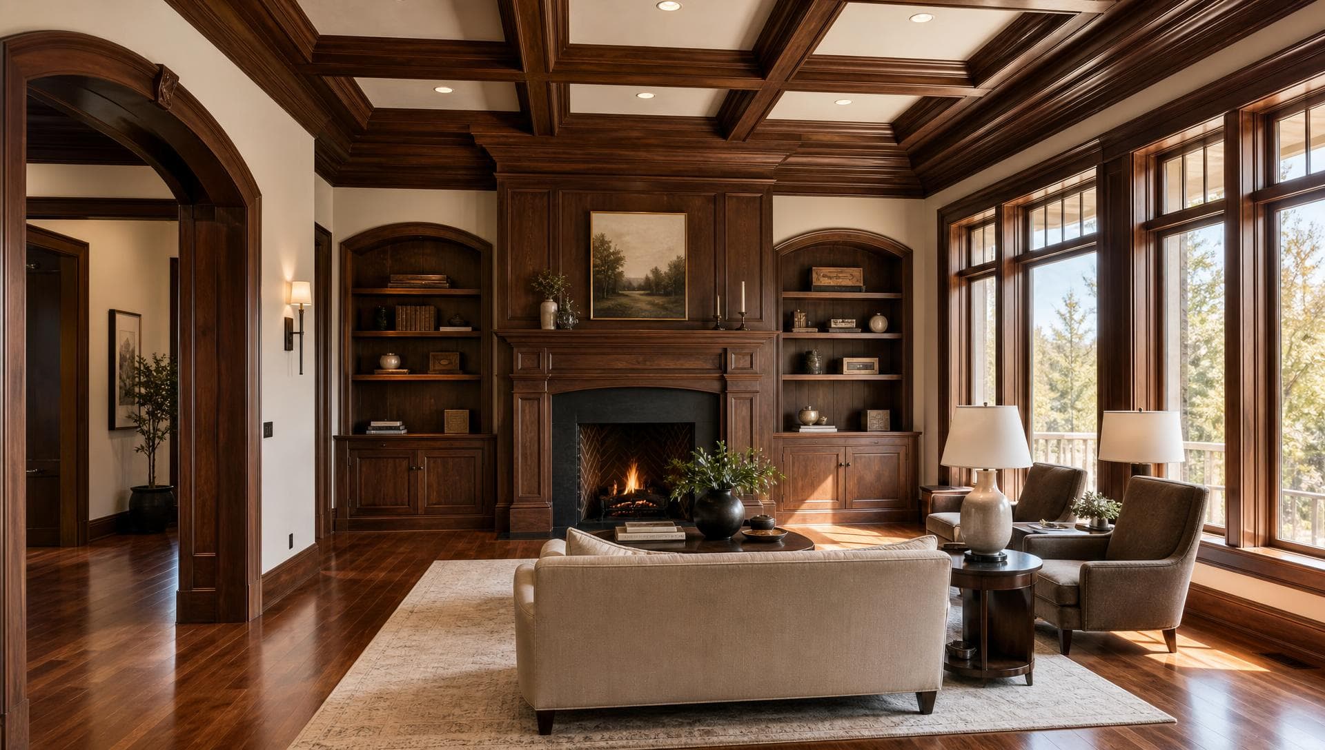 Finished room with custom crown moulding, coffered ceiling, and fireplace mantel